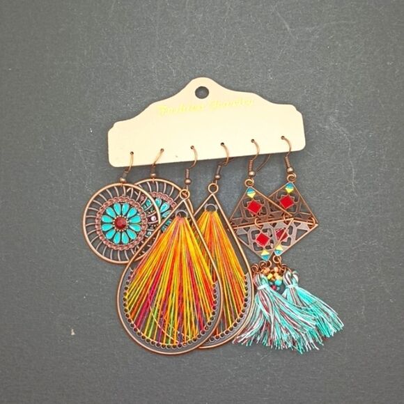 BRONZE drop multicolor tassel earrings boho jewelry - Picture 2 of 4